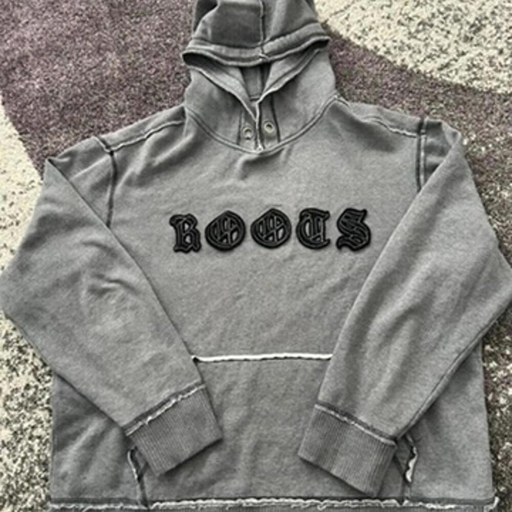 Roots Gothic Logo Hoodie – Distressed Grey Pullover